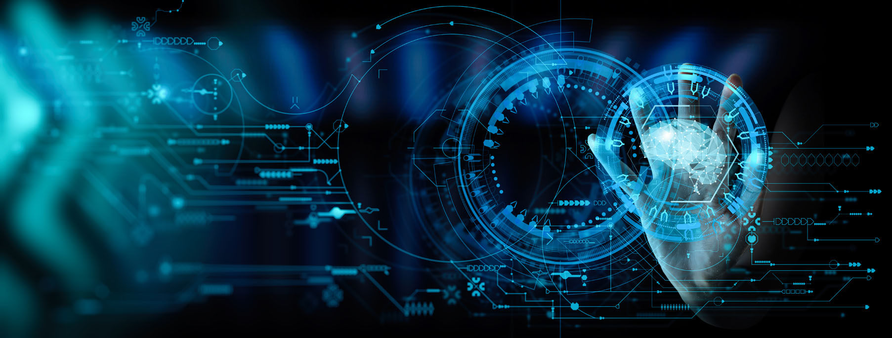 Artificial intelligence (AI) with machine deep learning and data mining and another modern computer technologies UI by hand touching low poly icon.